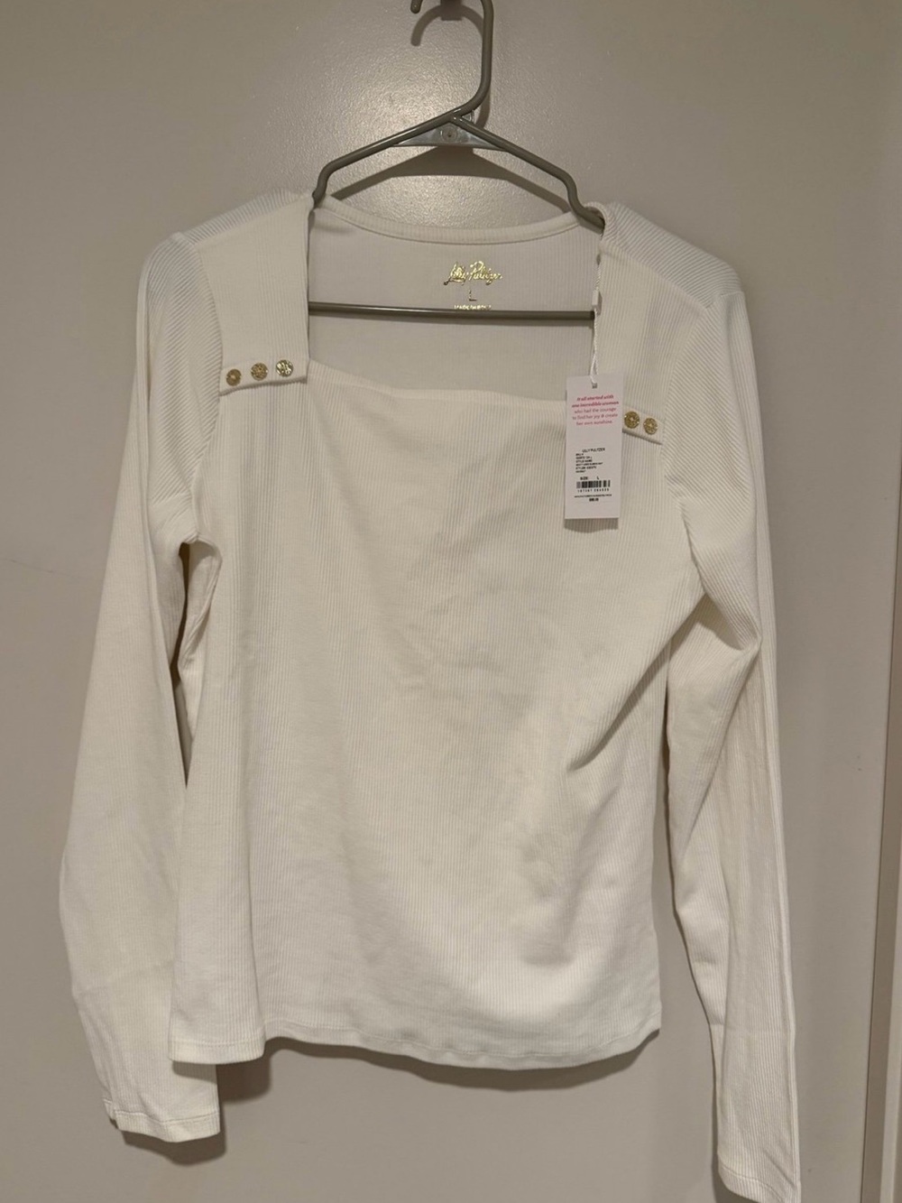 Lilly Pulitzer White Square-Neck Long Sleeve Top with Gold Buttons